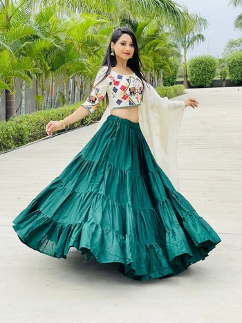 Rama Green Color Cotton Festive Wear Embroidered Work Lehenga Choli