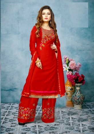 Refreshing Red Color Rayon Embroidered work Readymade Kurta With Plazo For Woman