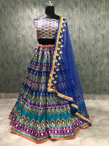 Blooming Blue Color Embroidered Work Satin Silk Lehenga Choli For Ladies