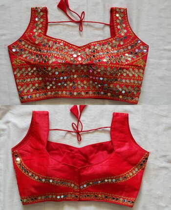 Red Silk With Mirror Zari & Thread Work Full Stitched Blouse