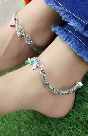 Stylish Multi Colour American Diamond Silver Imitation Anklet Set KLP326