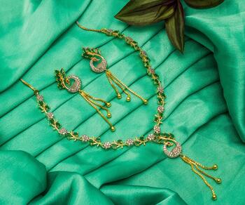 Gorgeous Green Color Diamond Artificial Necklace Set For Party Wear
