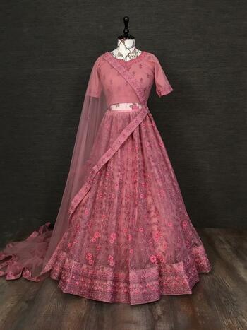 Inviting Pink Color Soft Net Women Wear Embroidered Zari Glitter Design Work Lehenga Choli