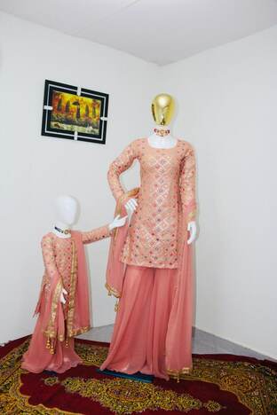 Peach Ready Made Georgette Sequence Mirror Embroidered Work Mother Daughter Plazo Salwar Suit