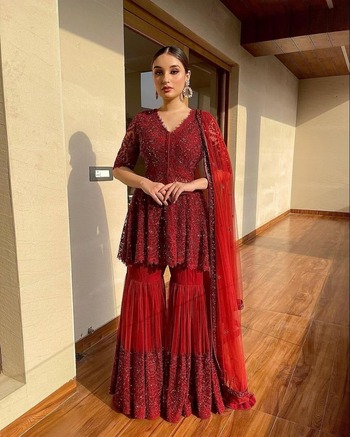 Virtuous Red Color Full Stitched Net Embroidered Work Sharara Suit