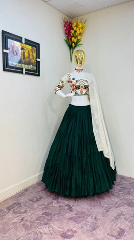 Rama Green Color Cotton Festive Wear Embroidered Work Lehenga Choli