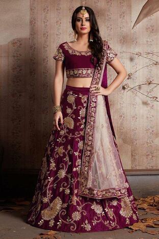 Superlative Beautiful Wine Color Fancy Taffeta Velvet Silk Bridal Wear Embroidered Work Lehenga Choli