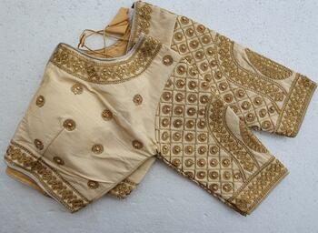 Cream Malbari Silk Hand Stone Work Full Stitched Blouse Design