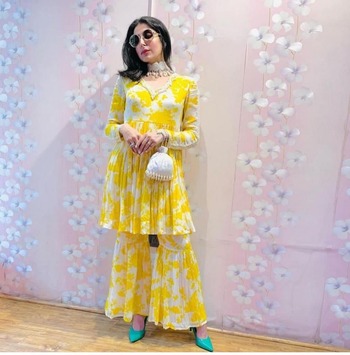 Yellow Color Chinon Silk Printed Plazo Kurti For Women