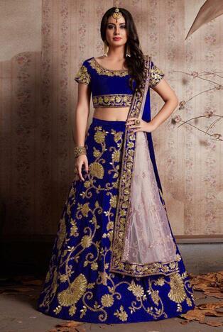 Remarkable Royal Blue Color Embroidered Work Design Taffeta Velvet Silk Function Wear Lehenga Choli