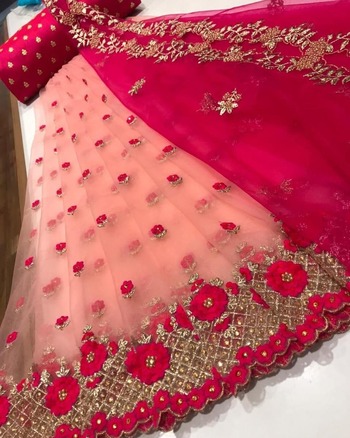 Peach Cut Thread Multi Work Organza Design Lehenga Choli