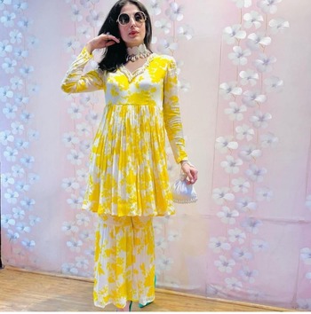 Yellow Color Chinon Silk Printed Plazo Kurti For Women