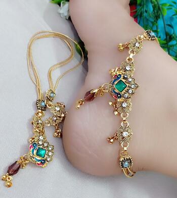 Stylish Multi & White Diamond Golden Imitation Anklet KLP451