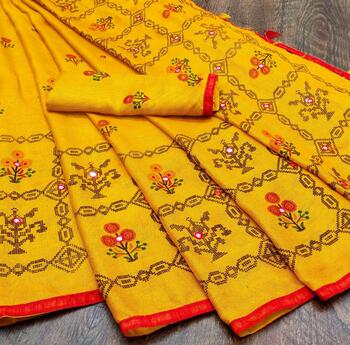 Yellow Designer Printed Jute Silk Foil Mirror Work Festive Wear Saree Blouse