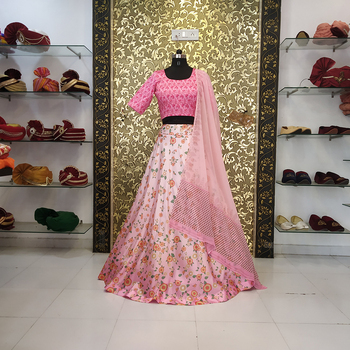 Stunning Pink Color Taffeta Silk Printed Lehenga Choli For Women