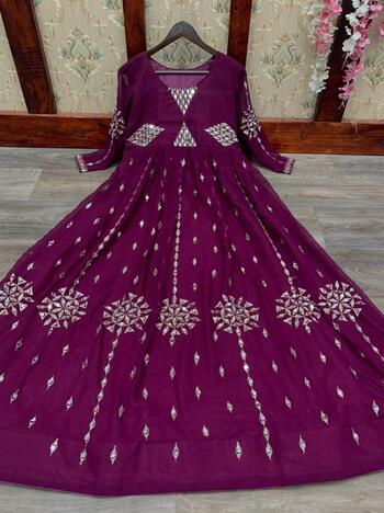 Unique Wine Color Stylish Georgette Real Mirror Embroidered Work Full Stitched Festive Wear Gown
