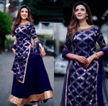 Preferable Navy Blue Color Festive Wear Golden Printed Fancy Rayon Full Stitched Indo Western Suit