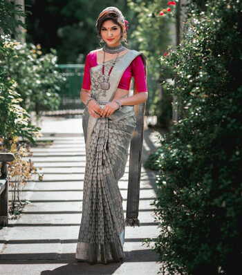 Admirable Grey Color Wedding Wear Kanchipuram Silk All Over Silver Zari Traditional Butta Work Saree Blouse