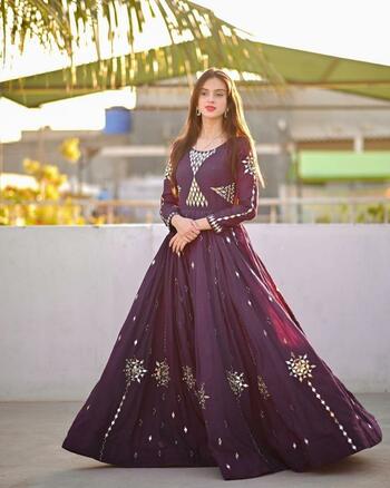 Unique Wine Color Stylish Georgette Real Mirror Embroidered Work Full Stitched Festive Wear Gown