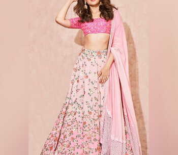 Stunning Pink Color Taffeta Silk Printed Lehenga Choli For Women