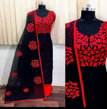 Black Colored Chanderi Silk Embroidered Dress Material For Women