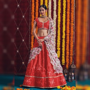 Provocative Red Colour Satin Banglori Fusion Cancan Net Lehenga Choli Design Online