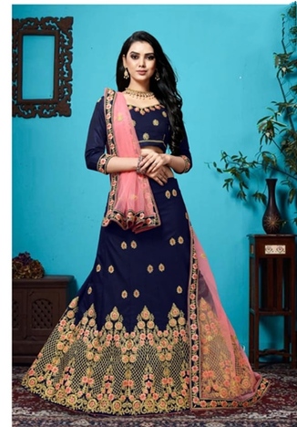 Party Wear Navy Blue Velvet Silk With Zari Diamond Work Lehenga Choli