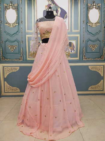 Flattering Peach Color Wedding Wear Georgette Designer Sequence Embroidered Work Lehenga Choli