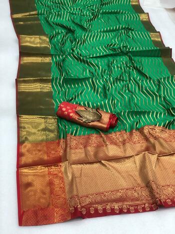 Gorgeous Rama Green Color Wedding Wear Banarasi SIlk Heavy Pallu All Over Zari Weaving Border Saree Blouse