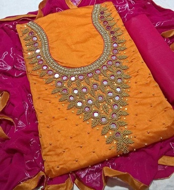 Breathtaking Orange Pink Colored Designer Chanderi Silk Dress Material