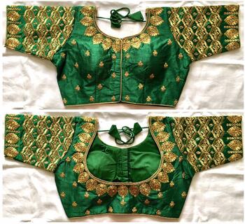 Beautiful Dark Green Thread Work Silk Readymade Blouse Design Online