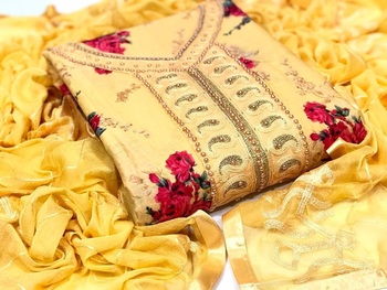 Distinguished Cotton Printed Yellow Color Unstitched Dress Material