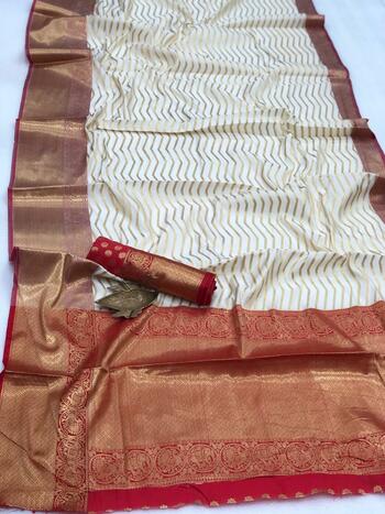 Function Wear Off White Color Silk Banarasi Zari Weaving All Over Rich Pallu Saree Blouse