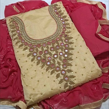 Fascinating FunctionWear Mirror Work Chanderi Silk Dress Material