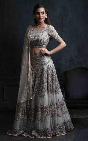 Inviting Grey Color Soft Net Round Embroidered Machine Work Function Wear Lehenga Choli Design