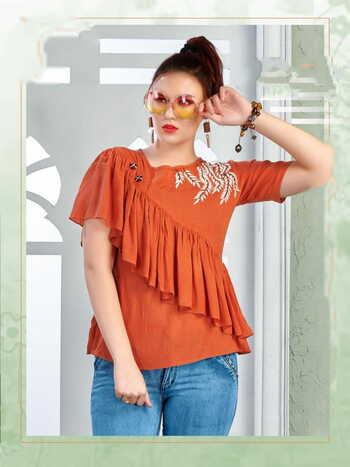 Beautiful Orange Color Cotton Rayon Ready Made Embroidered Work Western Top