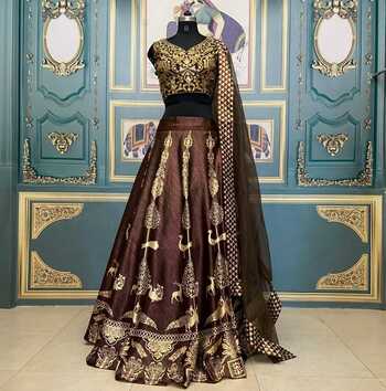 Party Brown Color Designer Gotta Satin Fancy Digital Printed Lehenga Choli For Festive Wear