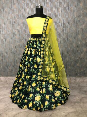 Glamorous Yellow Color Satin Silk Printed Lehenga Choli For Women