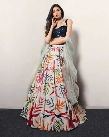 Beautiful Navy Blue Designer Satin Printed Party Wear Lehenga Choli