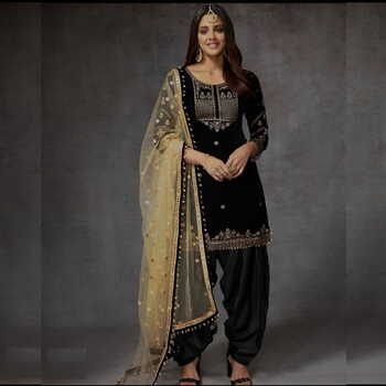 Breathtaking Black Color Full Stitched Velvet Embroidered Zari Sequence Work Punjabi Salwar Suit For Wedding Wear