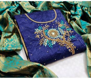 Blue Chanderi Cotton With Hand Work And Banarasi Dupatta Salwar Suit