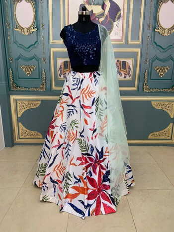 Beautiful Navy Blue Designer Satin Printed Party Wear Lehenga Choli