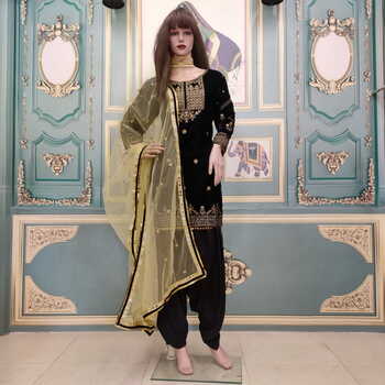 Breathtaking Black Color Full Stitched Velvet Embroidered Zari Sequence Work Punjabi Salwar Suit For Wedding Wear
