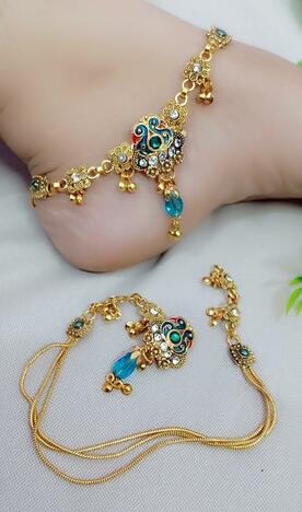 Stylish Blue & White Diamond Golden Artificial Anklet KLP455