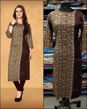 Good Looking Coffee Printed Long Rayon Kurti For Regular Use With Fancy button