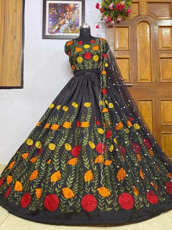 Phenomenal Black Color Taffeta Silk Beautiful Embroidered Wedding Wear Lehenga Choli For Indian Wear