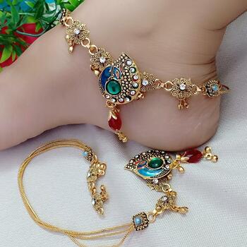 Graceful Golden Imitation Multi Colored Diamond Anklet KLP453