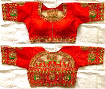 Red Colour Malbari Silk With Zari Hand Stone Work Full Stitched Blouse For Wedding