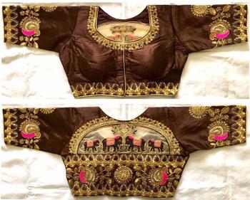 Brown Colour Malbari Silk With Zari Hand Stone Full Stitched Blouse