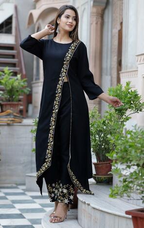 Terrific Black Color Full Stitched Designer Embroidered Work Fancy Rayon Kurti Plazo Design